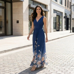 Maxi Dress | Deep V Neck, Floral Ombre Hem 1