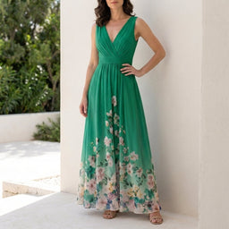 Maxi Dress | Deep V Neck, Floral Ombre Hem 4