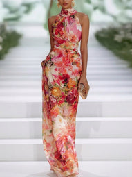 Maxi Dress | Gathered Halter Neckline, Tropical Floral Print 0