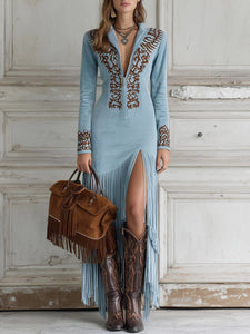Maxi Dress | Long Sleeve, Fringe Hem 0