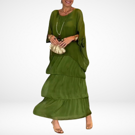 Maxi Dress | Loose A-Line Silhouette, Smocked 3/4 Sleeves 0
