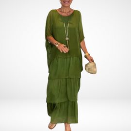 Maxi Dress | Loose A-Line Silhouette, Smocked 3/4 Sleeves 1