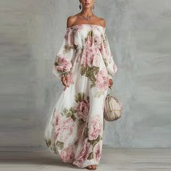 Maxi Dress | Off-the-Shoulder Neckline, Floral Print 0