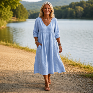 Maxi Dress | Ruched 3/4 Sleeves, Lightweight Fabric 0