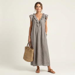 Maxi Dress | Ruffle V-Neckline, Flutter Cap Sleeves 0