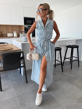 Maxi Dress | Sleeveless, Full-Length Button Closure 0
