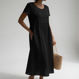 Mid-Length Dress | Embroidered Round Neck, Empire Waist 0
