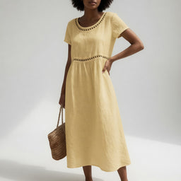 Mid-Length Dress | Embroidered Round Neck, Empire Waist 1