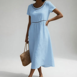 Mid-Length Dress | Embroidered Round Neck, Empire Waist 3