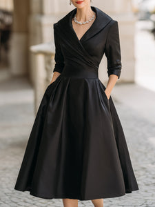 Midi Dress | Draped Collar, A-Line Skirt 0