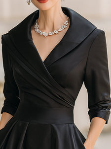 Midi Dress | Draped Collar, A-Line Skirt 1