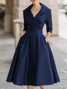 Midi Dress | Draped Collar, A-Line Skirt 4