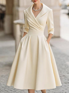 Midi Dress | Draped Collar, A-Line Skirt 9