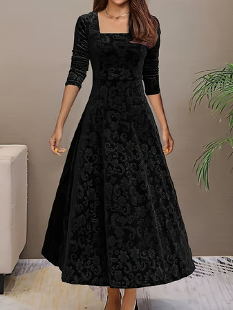 Midi Dress | Embossed Velvet, Square Neckline 0