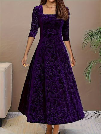 Midi Dress | Embossed Velvet, Square Neckline 4