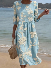 Midi Dress | Floral Embroidery, Three-Quarter Sleeves 0