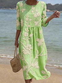 Midi Dress | Floral Embroidery, Three-Quarter Sleeves 3