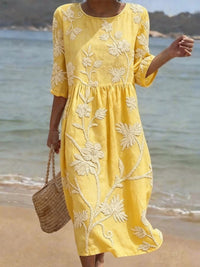 Midi Dress | Floral Embroidery, Three-Quarter Sleeves 4