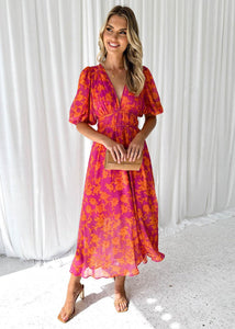 Midi Dress | Floral Print, Puff Sleeves 0