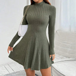 Midi Dress | Mock Neck, Long Sleeves, Flared Hem 3