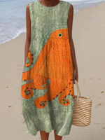 Midi Dress | Ocean-Inspired Print, Relaxed Fit 0