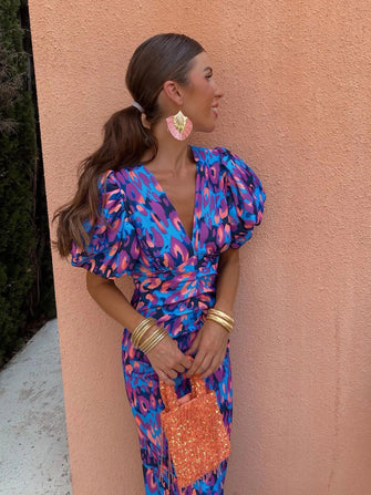 Midi Dress | Puff Sleeves, Floral Printed Design 1