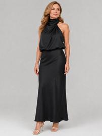Midi Dress | Sleeveless, Draped High Neckline 7