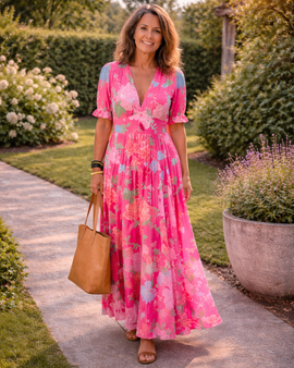 Midi Dress | Sleeveless, V-Neckline, Floral Pattern 1
