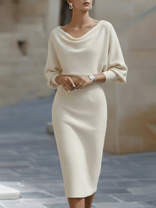 Midi Dress | White Draped Cowl Neckline, Batwing Sleeves 1