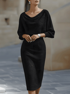 Midi Dress | White Draped Cowl Neckline, Batwing Sleeves 2