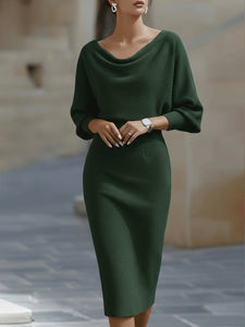 Midi Dress | White Draped Cowl Neckline, Batwing Sleeves 3