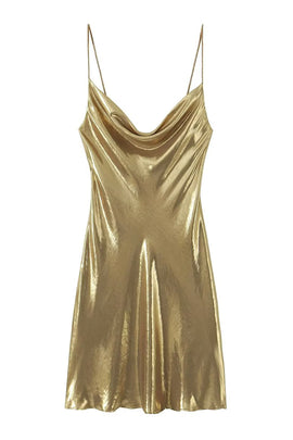 Mini Dress | Cowl Neck, Metallic Finish 0