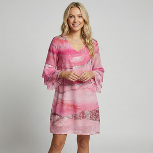 Mini Dress | Ripple Sleeve, Printed Design 0