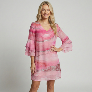 Mini Dress | Ripple Sleeve, Printed Design 1