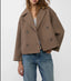 Camel cropped peacoat worn with jeans