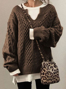 Oversized Sweater | Cable Knit, V-Neck Long Sleeve 2