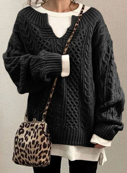 Oversized Sweater | Cable Knit, V-Neck Long Sleeve 4