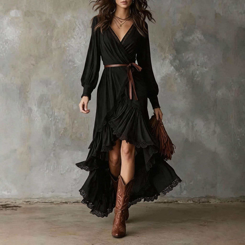mock neck gathered sleeve layered ruffle detail dress Women's – Lauren Boutique sale-active