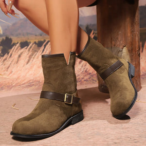 Stylish Women's Ankle Boots with V-Cut, Strap & Buckle Detail - Black Booties for Women 0