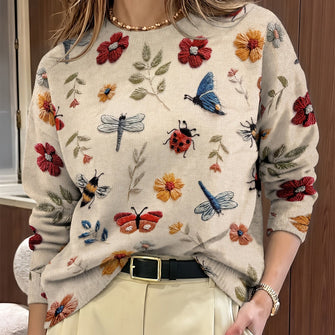 Sweater | Floral Embroidery, Round Neckline 9