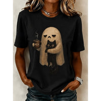 T Shirt | Crew Neck, Ghost and Cat Print 1