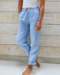 Trousers | Linen Fabric, Straight Leg, Drawstring Waist 0