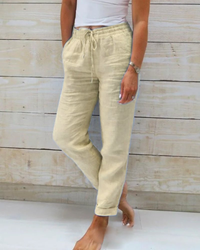 Trousers | Linen Fabric, Straight Leg, Drawstring Waist 1