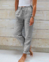 Trousers | Linen Fabric, Straight Leg, Drawstring Waist 2