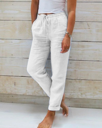 Trousers | Linen Fabric, Straight Leg, Drawstring Waist 3