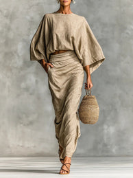 Two Piece Set | Batwing Sleeve Top, Gathered Waist Long Skirt 0