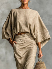 Two Piece Set | Batwing Sleeve Top, Gathered Waist Long Skirt 1