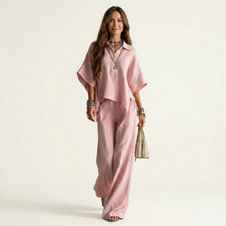 Two Piece Set | Half-Sleeve Shirt-Collar Blouse, Wide-Leg Pants 0