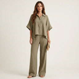 Two Piece Set | Half-Sleeve Shirt-Collar Blouse, Wide-Leg Pants 4