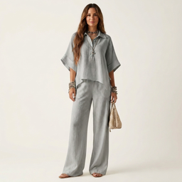 Two Piece Set | Half-Sleeve Shirt-Collar Blouse, Wide-Leg Pants 6